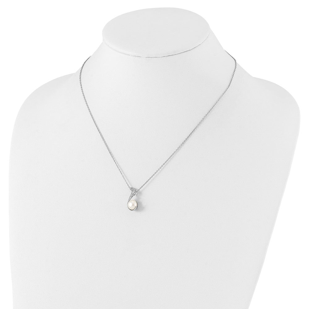 Sterling Silver Cheryl M Rhodium-Plated Freshwater Cultured Pearl And Brilliant-Cut Cz Swirl 18 Inch Necklace