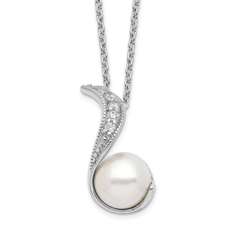 Sterling Silver Cheryl M Rhodium-Plated Freshwater Cultured Pearl And Brilliant-Cut Cz Swirl 18 Inch Necklace