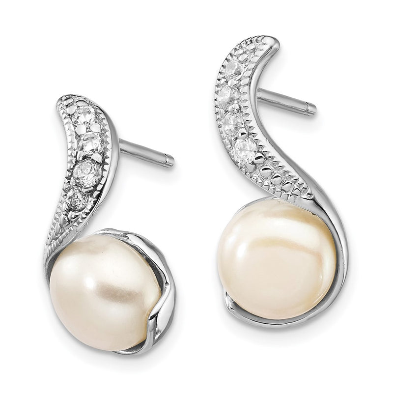 Sterling Silver Cheryl M Rhodium-Plated Freshwater Cultured Pearl And Brilliant-Cut Cz Post Dangle Earrings