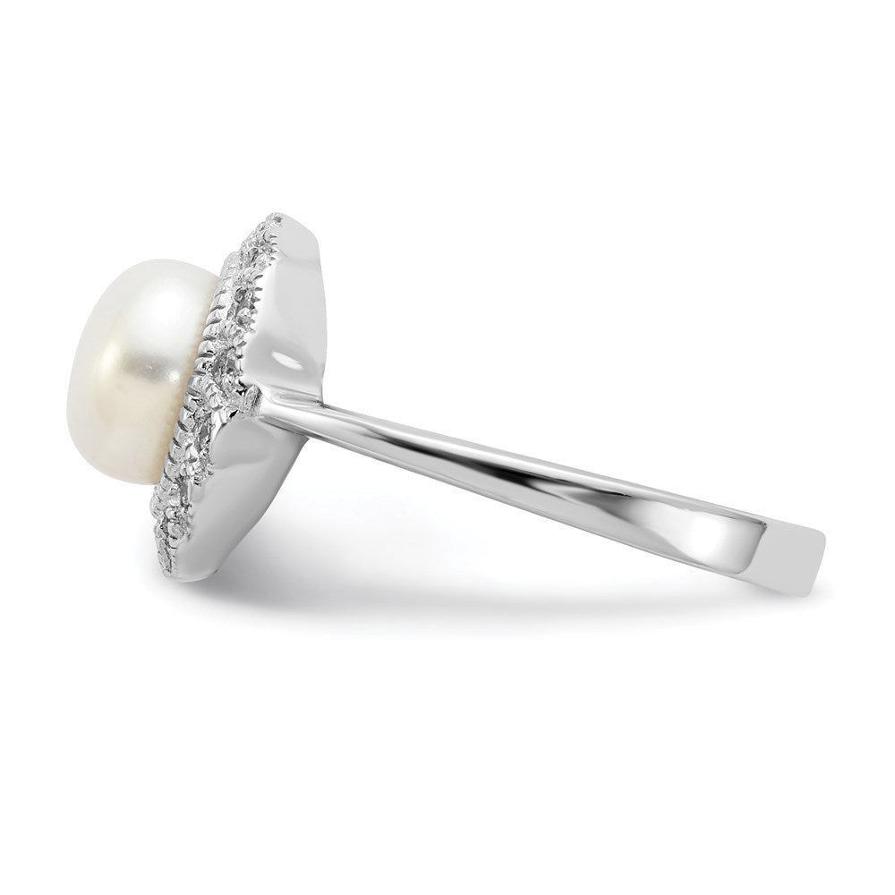 Sterling Silver Cheryl M Rhodium-Plated Freshwater Cultured Pearl And Brilliant-Cut Cz Ring