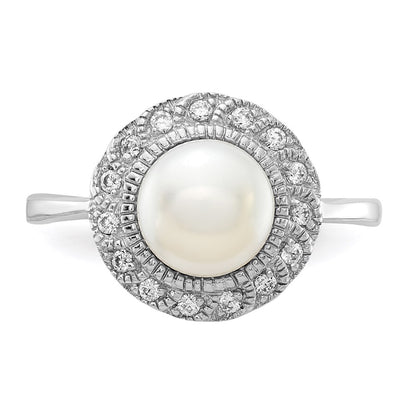 Sterling Silver Cheryl M Rhodium-Plated Freshwater Cultured Pearl And Brilliant-Cut Cz Ring