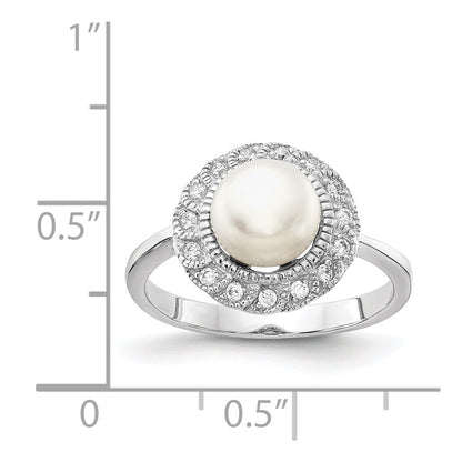 Sterling Silver Cheryl M Rhodium-Plated Freshwater Cultured Pearl And Brilliant-Cut Cz Ring