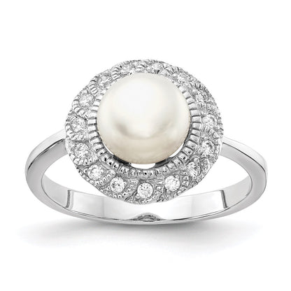 Sterling Silver Cheryl M Rhodium-Plated Freshwater Cultured Pearl And Brilliant-Cut Cz Ring