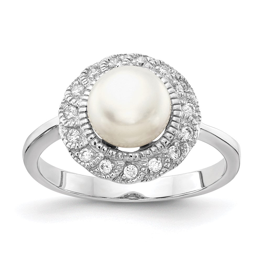 Sterling Silver Cheryl M Rhodium-Plated Freshwater Cultured Pearl And Brilliant-Cut Cz Ring