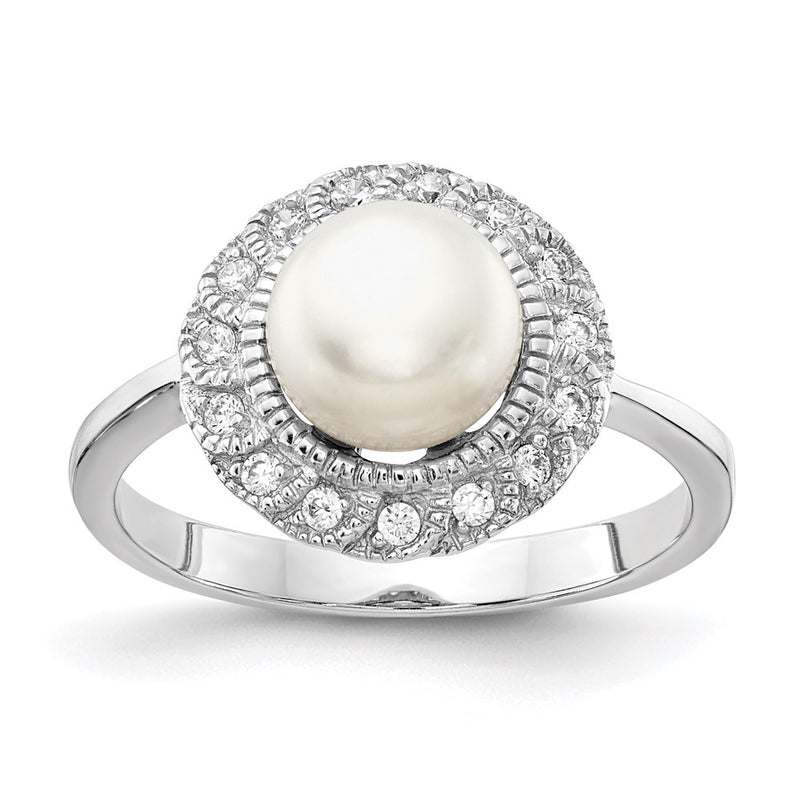 Sterling Silver Cheryl M Rhodium-Plated Freshwater Cultured Pearl And Brilliant-Cut Cz Ring