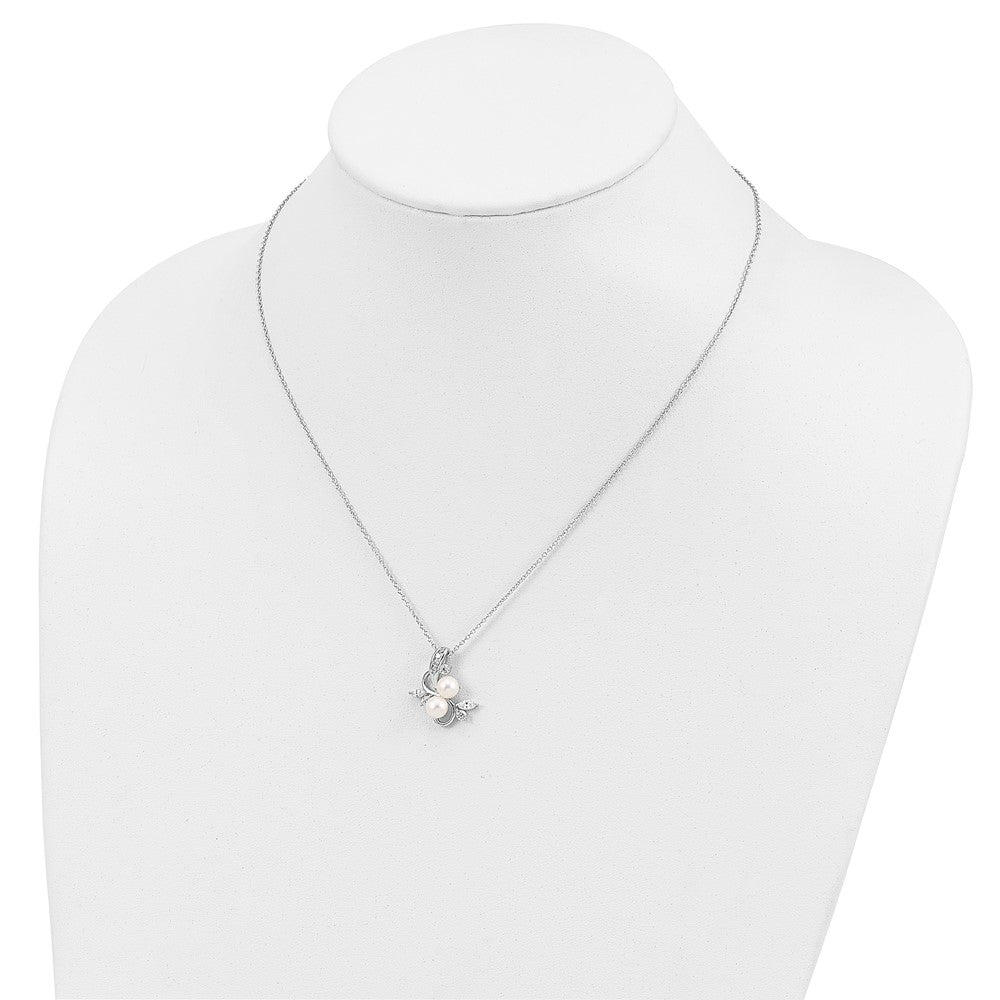 Sterling Silver Cheryl M Rhodium-Plated Freshwater Cultured Pearl And Brilliant-Cut Cz Leaves 18 Inch Necklace
