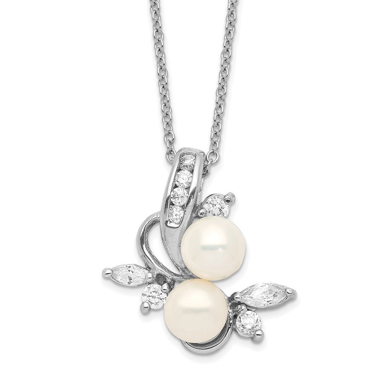 Sterling Silver Cheryl M Rhodium-Plated Freshwater Cultured Pearl And Brilliant-Cut Cz Leaves 18 Inch Necklace