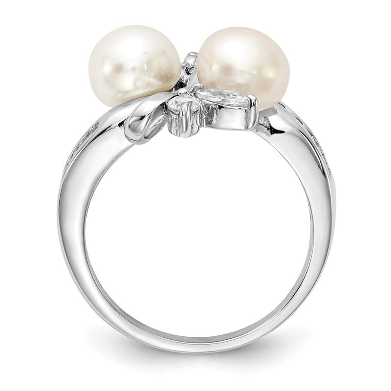 Sterling Silver Cheryl M Rhodium-Plated Freshwater Cultured Pearl And Brilliant-Cut Cz Leaves Ring