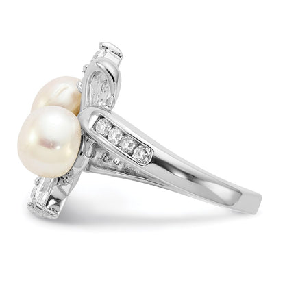 Sterling Silver Cheryl M Rhodium-Plated Freshwater Cultured Pearl And Brilliant-Cut Cz Leaves Ring