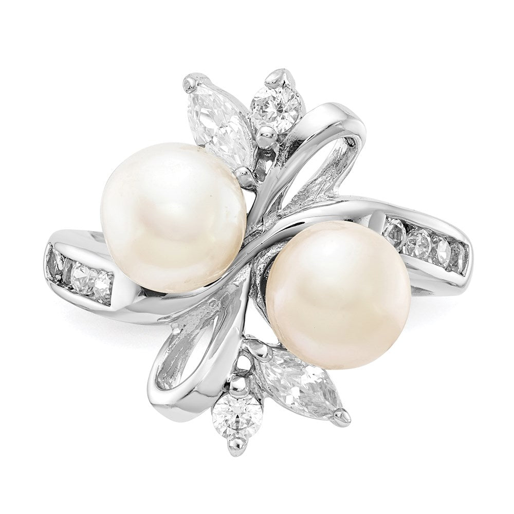 Sterling Silver Cheryl M Rhodium-Plated Freshwater Cultured Pearl And Brilliant-Cut Cz Leaves Ring
