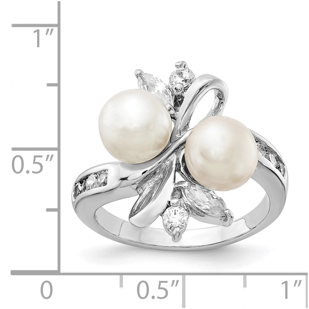 Sterling Silver Cheryl M Rhodium-Plated Freshwater Cultured Pearl And Brilliant-Cut Cz Leaves Ring