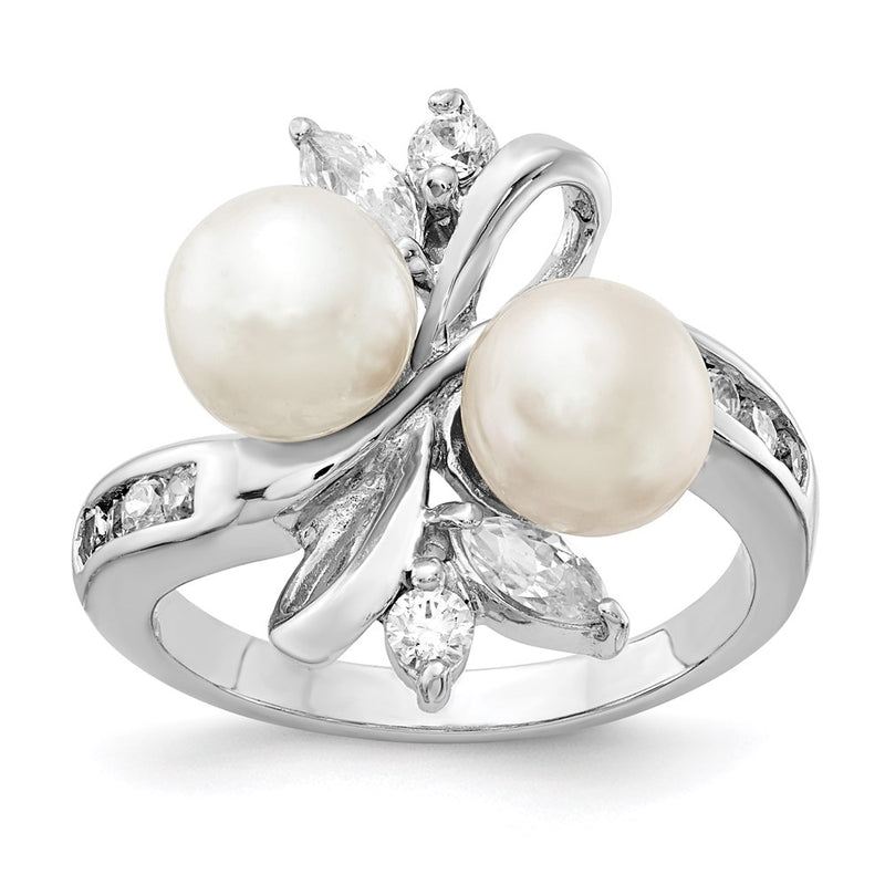 Sterling Silver Cheryl M Rhodium-Plated Freshwater Cultured Pearl And Brilliant-Cut Cz Leaves Ring