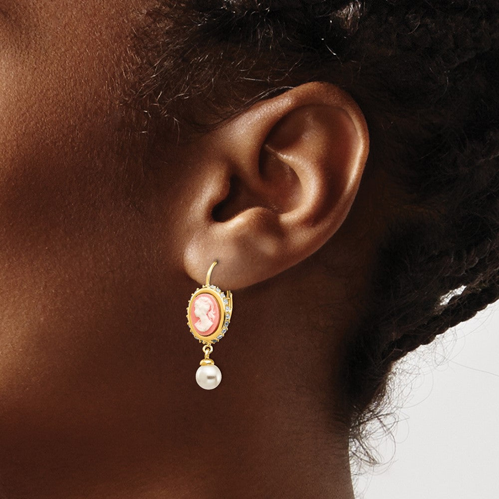 Sterling Silver Cheryl M Gold-Plated Glass Pearl Brilliant-Cut Cz & Resin Cameo Leverback Dangle Earrings