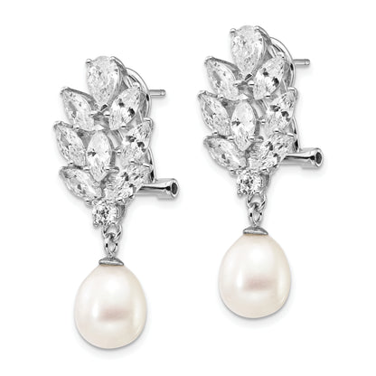 Sterling Silver Cheryl M Rhodium-Plated Teardrop Freshwater Cultured Pearl Marquise-Cut And Brilliant-Cut Cz Fancy Omega Back Dangle Earrings