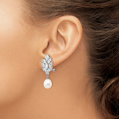 Sterling Silver Cheryl M Rhodium-Plated Teardrop Freshwater Cultured Pearl Marquise-Cut And Brilliant-Cut Cz Fancy Omega Back Dangle Earrings
