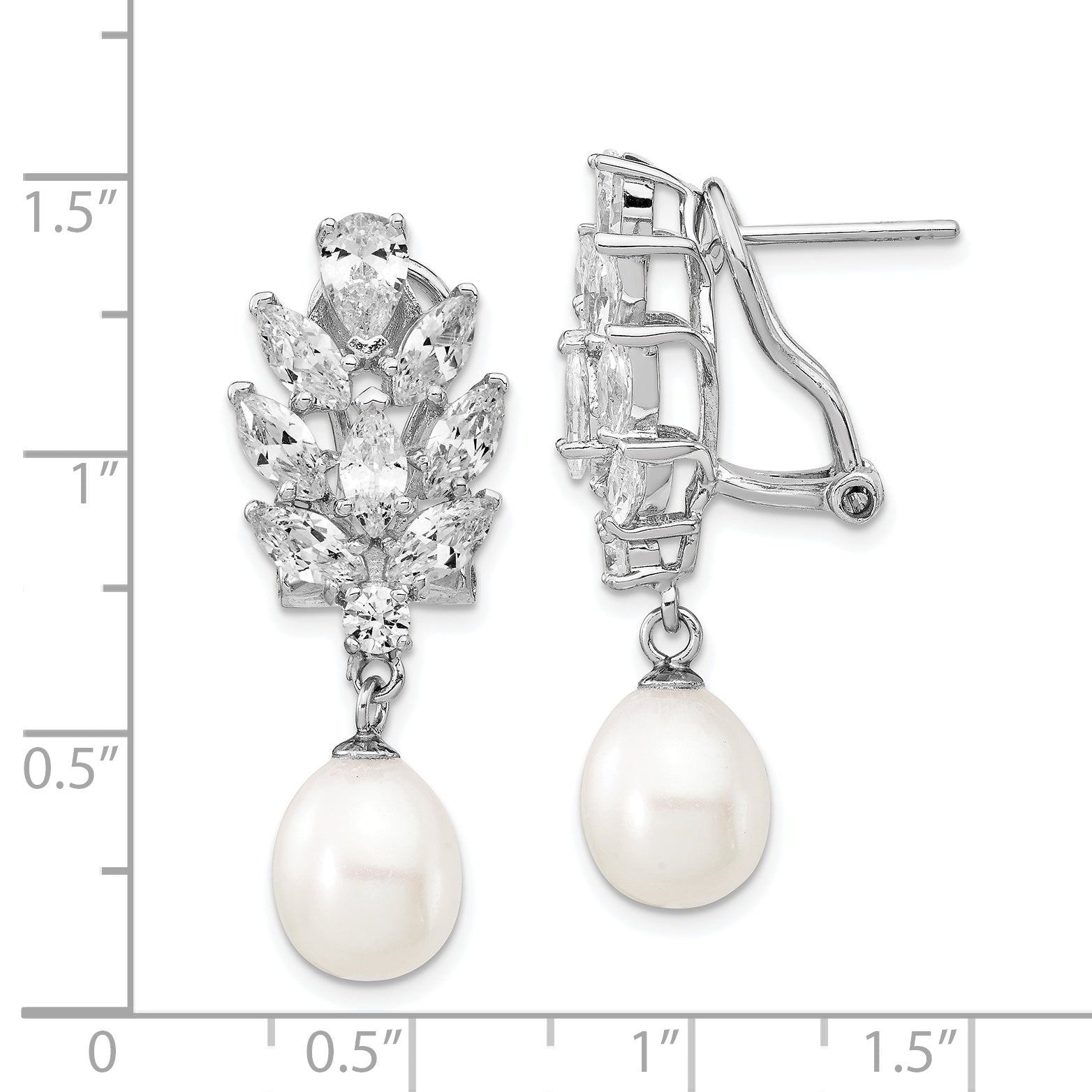 Sterling Silver Cheryl M Rhodium-Plated Teardrop Freshwater Cultured Pearl Marquise-Cut And Brilliant-Cut Cz Fancy Omega Back Dangle Earrings