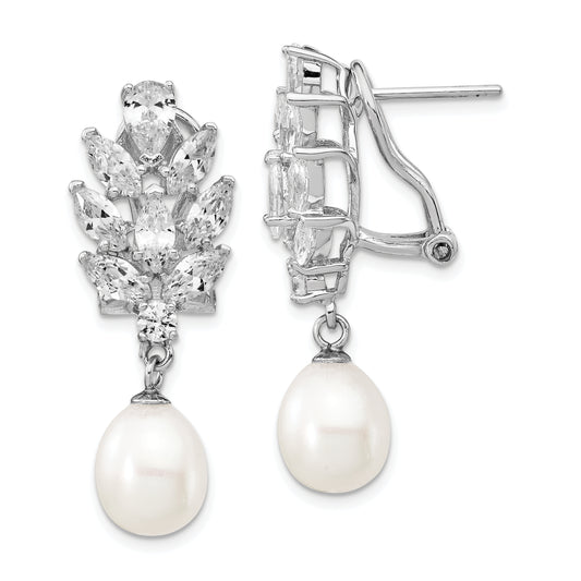 Sterling Silver Cheryl M Rhodium-Plated Teardrop Freshwater Cultured Pearl Marquise-Cut And Brilliant-Cut Cz Fancy Omega Back Dangle Earrings