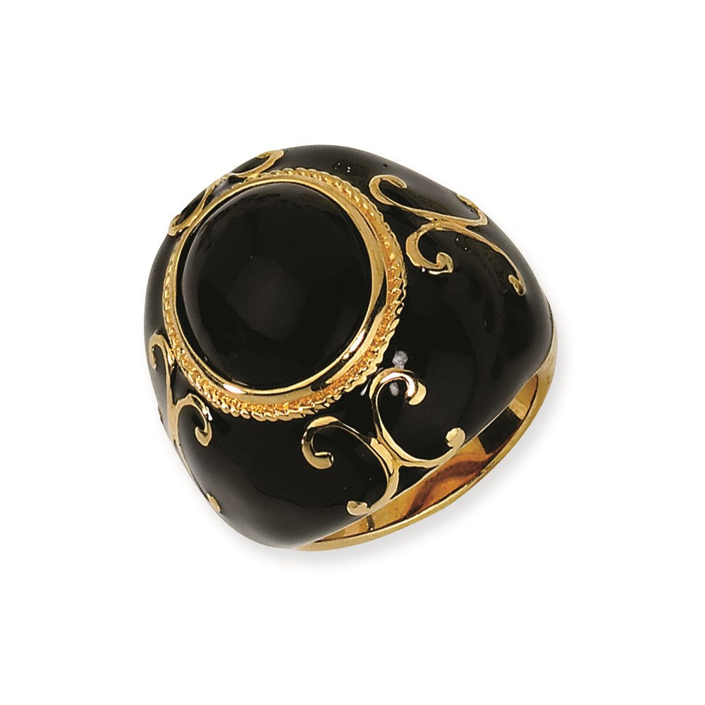 Sterling Silver Gold-Plated Blk Enamel & Onyx Ring