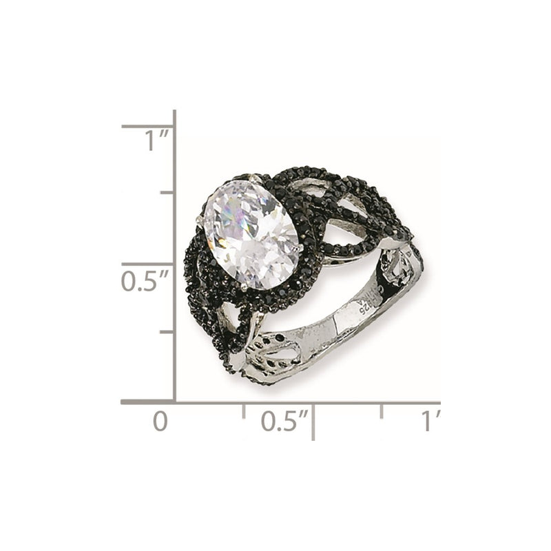 Sterling Silver Black-Plated Fancy Oval Black/Wht Cz Ring