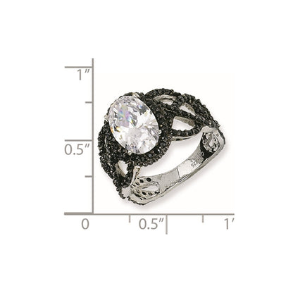 Sterling Silver Black-Plated Fancy Oval Black/Wht Cz Ring