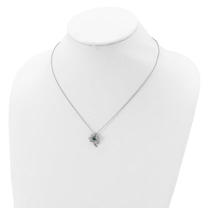 Sterling Silver Cheryl M Rhodium-Plated Brilliant-Cut Green Glass And White Cz Four Leaf Clover 18 Inch Necklace