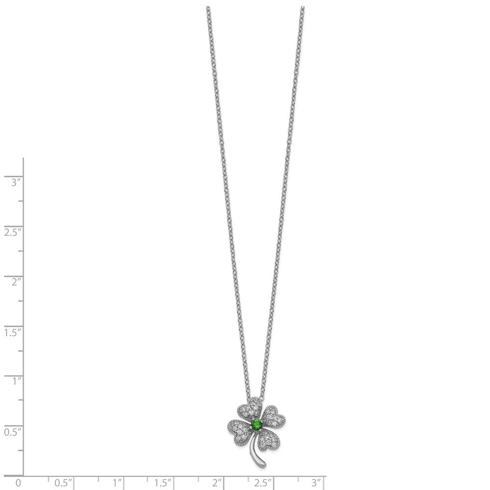 Sterling Silver Cheryl M Rhodium-Plated Brilliant-Cut Green Glass And White Cz Four Leaf Clover 18 Inch Necklace