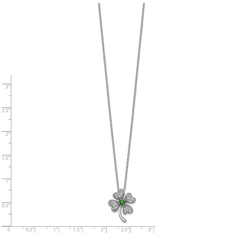 Sterling Silver Cheryl M Rhodium-Plated Brilliant-Cut Green Glass And White Cz Four Leaf Clover 18 Inch Necklace
