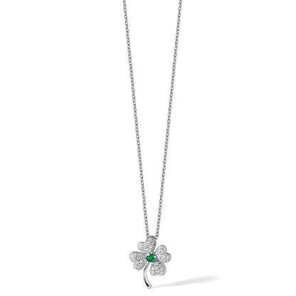 Sterling Silver Cheryl M Rhodium-Plated Brilliant-Cut Green Glass And White Cz Four Leaf Clover 18 Inch Necklace