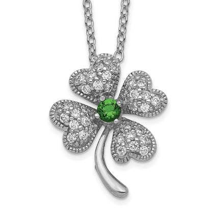 Sterling Silver Cheryl M Rhodium-Plated Brilliant-Cut Green Glass And White Cz Four Leaf Clover 18 Inch Necklace