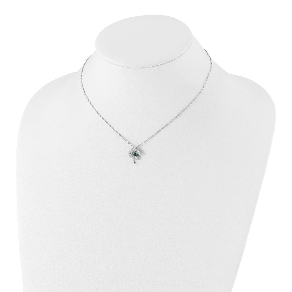 Sterling Silver Cheryl M Rhodium-Plated Brilliant-Cut Green Glass And White Cz Four Leaf Clover 15 Inch Necklace