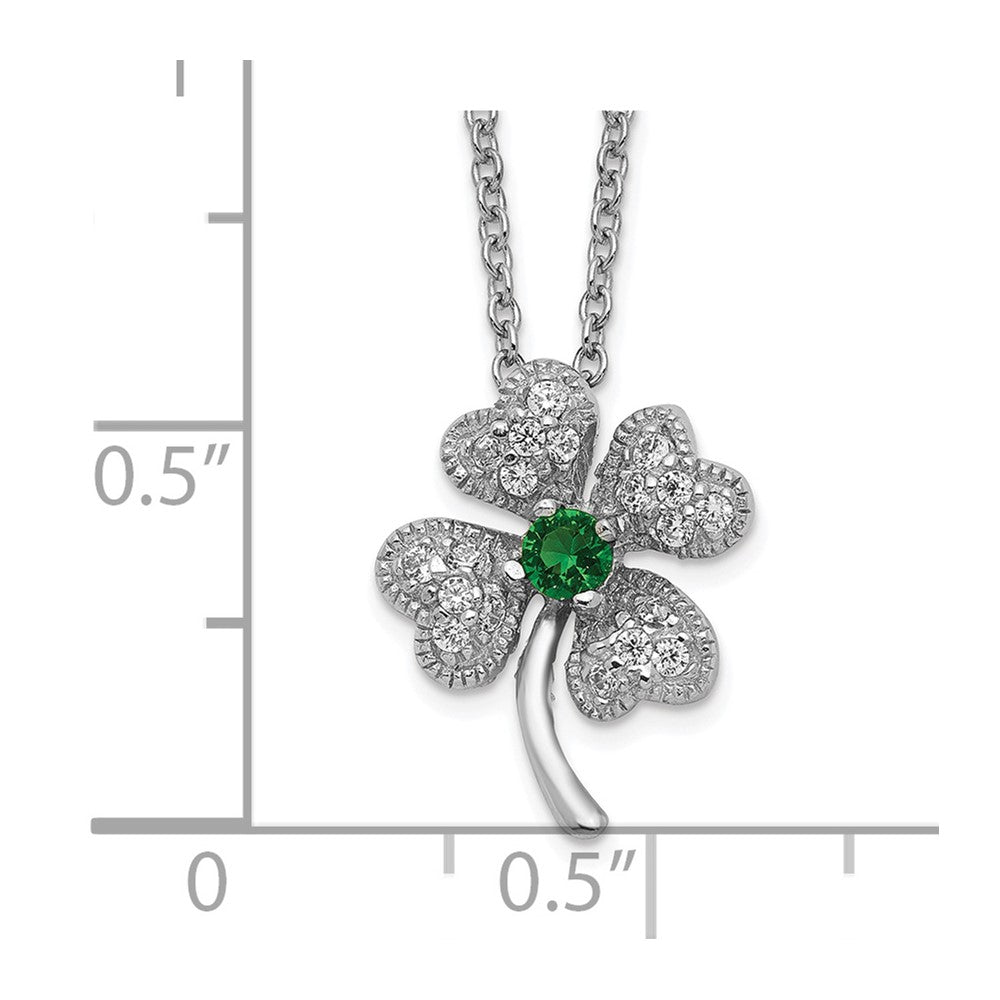Sterling Silver Cheryl M Rhodium-Plated Brilliant-Cut Green Glass And White Cz Four Leaf Clover 15 Inch Necklace
