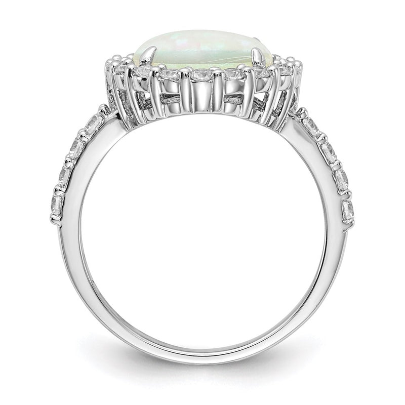 Sterling Silver Cheryl M Rhodium-Plated Cabochon Lab Created Opal And Brilliant-Cut Cz Halo Ring