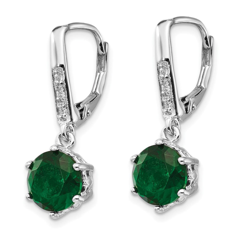 Sterling Silver Cheryl M Rhodium-Plated Brilliant-Cut Green Glass And White Cz Leverback Dangle Earrings