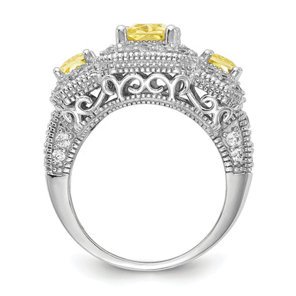 Sterling Silver Cheryl M Rhodium-Plated Yellow Radiant-Cut And White Brilliant-Cut Cz 3 Stone Ring