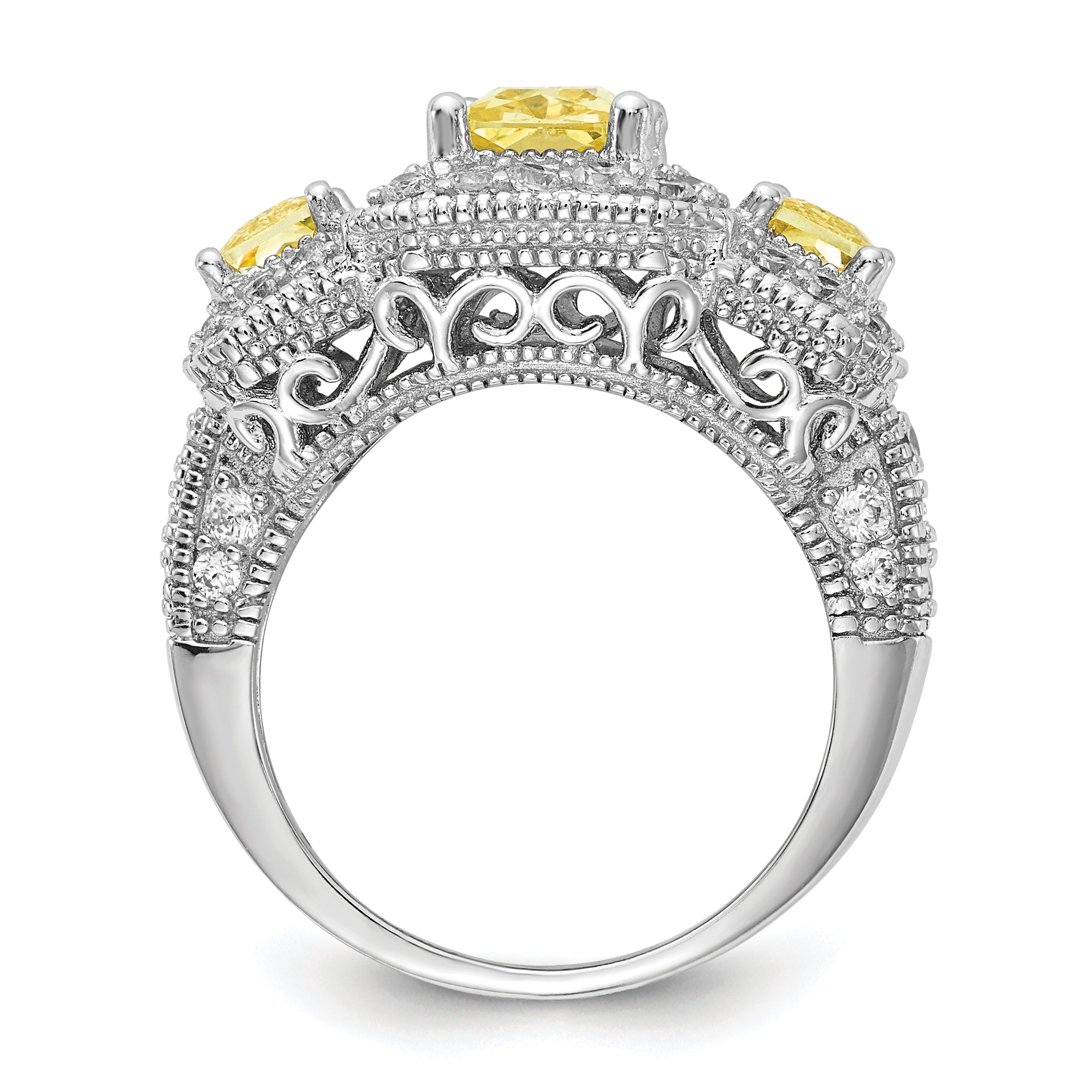 Sterling Silver Cheryl M Rhodium-Plated Yellow Radiant-Cut And White Brilliant-Cut Cz 3 Stone Ring