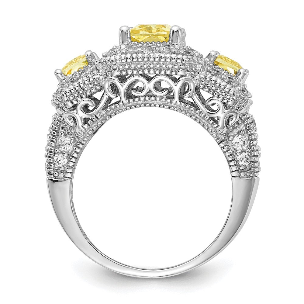 Sterling Silver Cheryl M Rhodium-Plated Yellow Radiant-Cut And White Brilliant-Cut Cz 3 Stone Ring