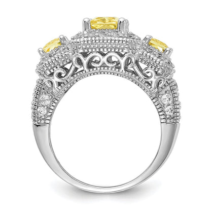 Sterling Silver Cheryl M Rhodium-Plated Yellow Radiant-Cut And White Brilliant-Cut Cz 3 Stone Ring