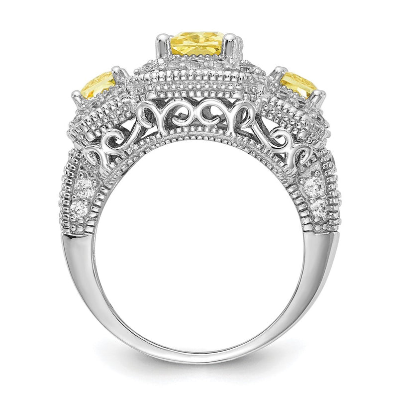 Sterling Silver Cheryl M Rhodium-Plated Yellow Radiant-Cut And White Brilliant-Cut Cz 3 Stone Ring