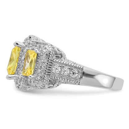 Sterling Silver Cheryl M Rhodium-Plated Yellow Radiant-Cut And White Brilliant-Cut Cz 3 Stone Ring