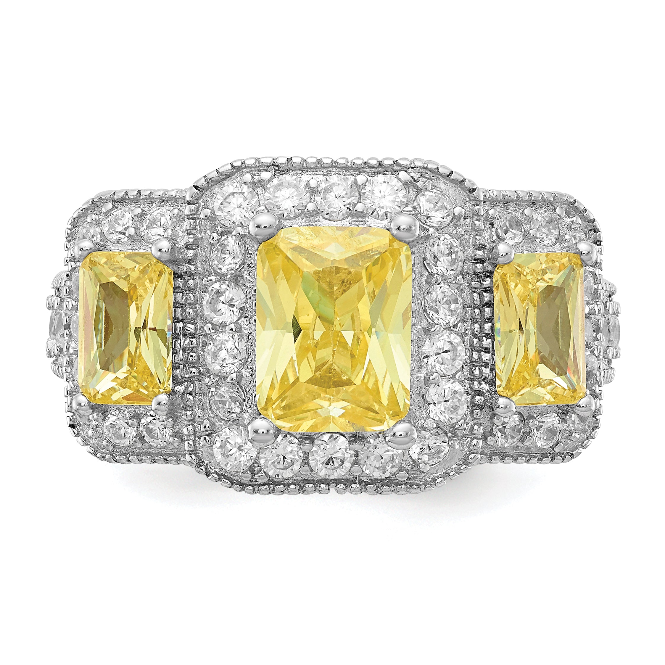 Sterling Silver Cheryl M Rhodium-Plated Yellow Radiant-Cut And White Brilliant-Cut Cz 3 Stone Ring