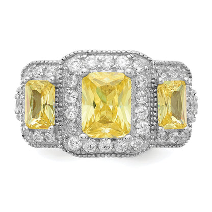 Sterling Silver Cheryl M Rhodium-Plated Yellow Radiant-Cut And White Brilliant-Cut Cz 3 Stone Ring