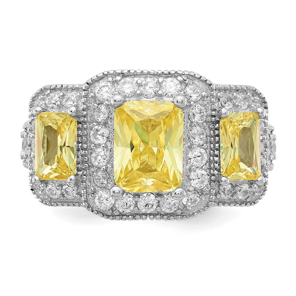 Sterling Silver Cheryl M Rhodium-Plated Yellow Radiant-Cut And White Brilliant-Cut Cz 3 Stone Ring