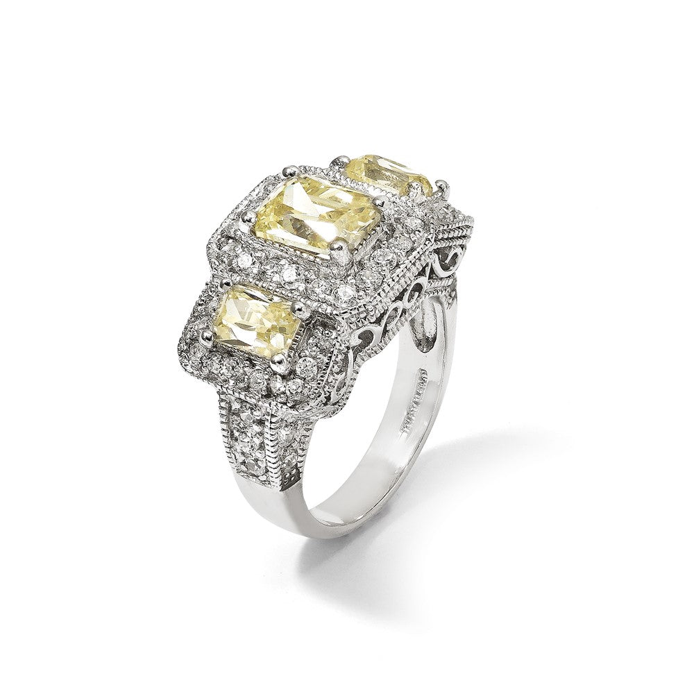 Sterling Silver Cheryl M Rhodium-Plated Yellow Radiant-Cut And White Brilliant-Cut Cz 3 Stone Ring