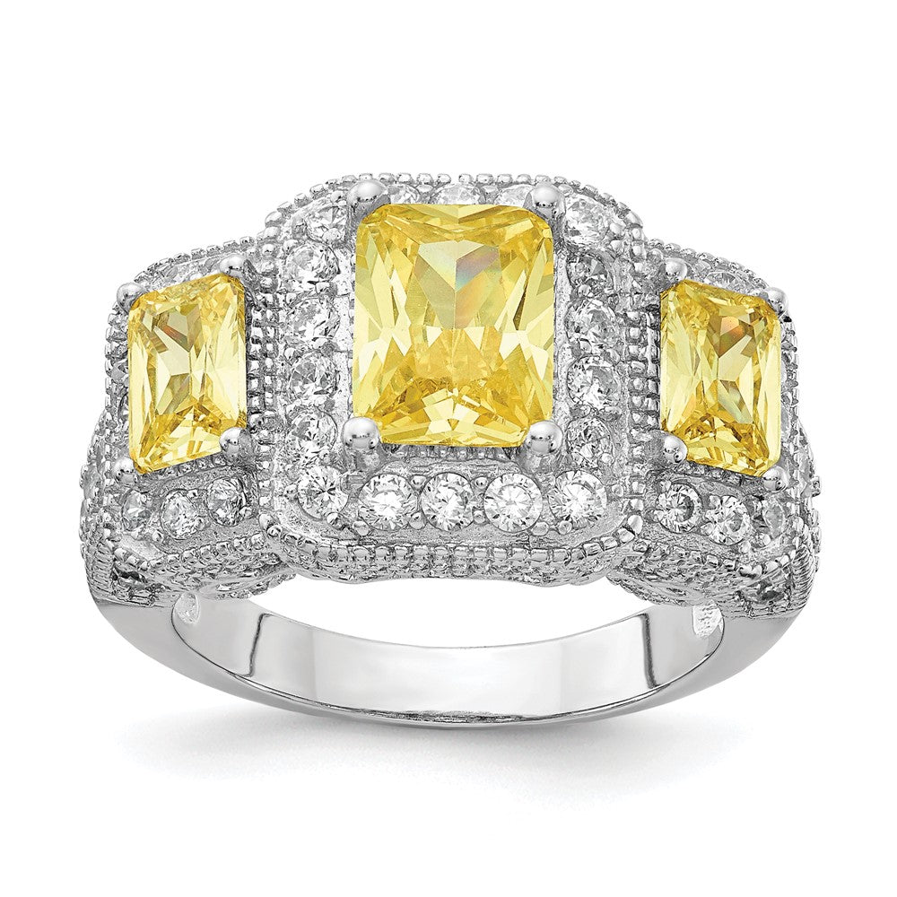 Sterling Silver Cheryl M Rhodium-Plated Yellow Radiant-Cut And White Brilliant-Cut Cz 3 Stone Ring