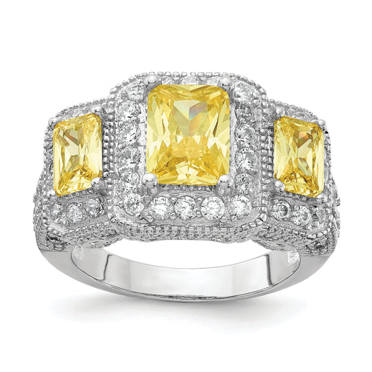 Sterling Silver Cheryl M Rhodium-Plated Yellow Radiant-Cut And White Brilliant-Cut Cz 3 Stone Ring