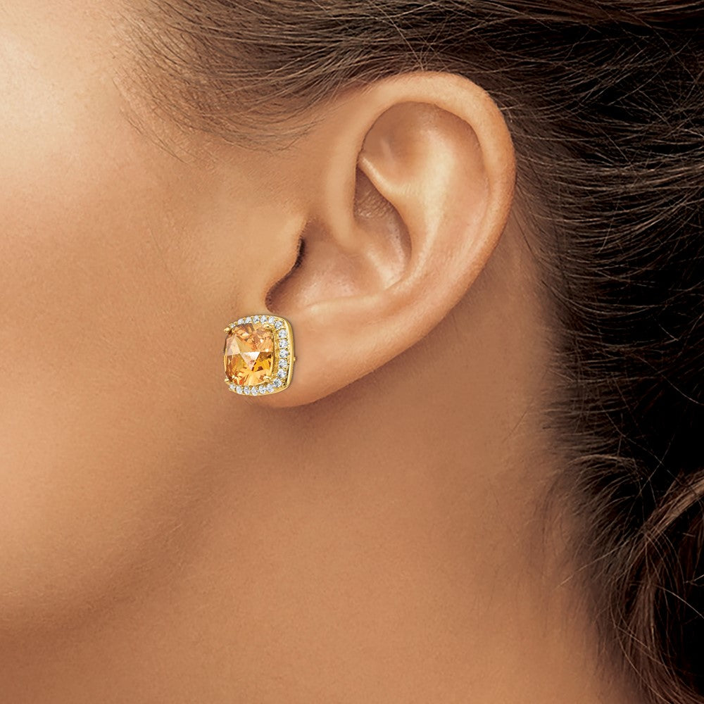 Sterling Silver Cheryl M Gold-Plated Brilliant-Cut Champagne And White Cz Post Earrings