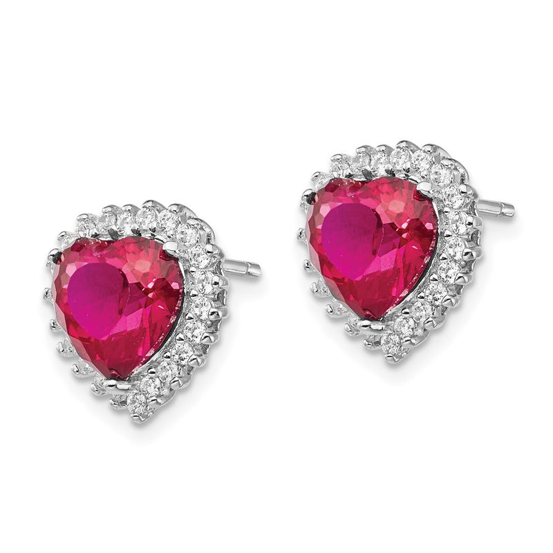 Sterling Silver Cheryl M Rhodium-Plated 100 Facet Lab Created Ruby And Brilliant-Cut White Cz Heart Halo Post Earrings