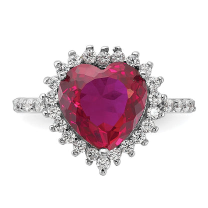 Sterling Silver Cheryl M Rhodium-Plated 100 Facet Lab Created Ruby And Brilliant-Cut White Cz Heart Halo Ring