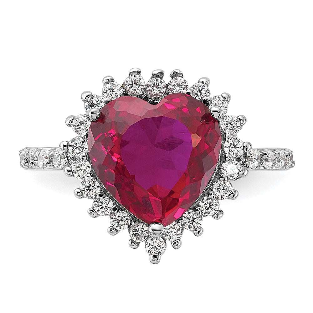 Sterling Silver Cheryl M Rhodium-Plated 100 Facet Lab Created Ruby And Brilliant-Cut White Cz Heart Halo Ring