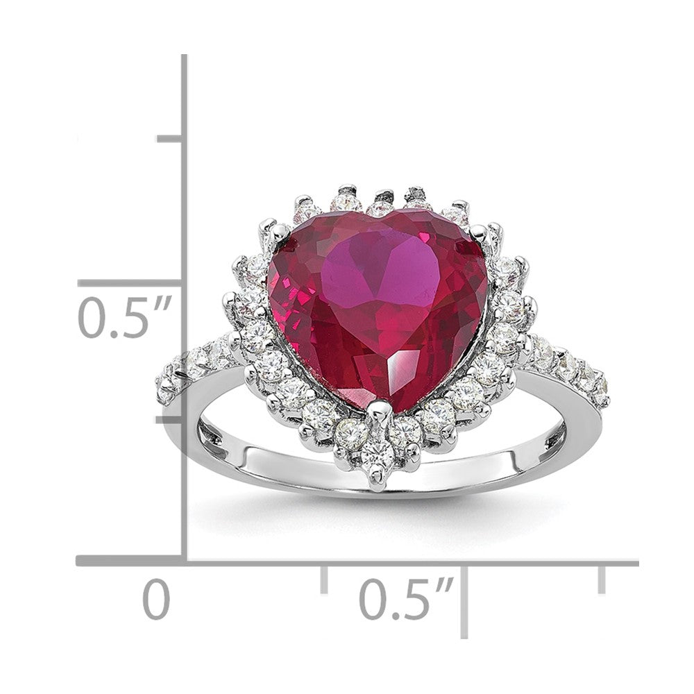 Sterling Silver Cheryl M Rhodium-Plated 100 Facet Lab Created Ruby And Brilliant-Cut White Cz Heart Halo Ring